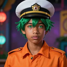 colorful and Festive Captivating teenager boy with straight green emerald hair, green eyes, dark skin tone, wearing a white general hat and orange jacket. rich vivid colors, ambient lighting, dynamic lighting, 4k, atmospheric lighting, painted, intricate, highly detailed by Charlie Bowater