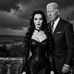 b & w photo of morticia addams as played by joe biden