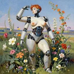 androgyne, curvaceous robot surrounded by growing flowers, spring, style of by Frank Frazetta