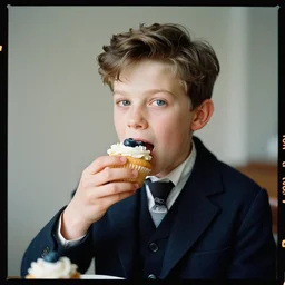 kodak portra 4 0 0, 8 k, highly detailed, britt marling style 3 / 4 photographic close, medium format, press award winning colour portrait of a handsome boy is eating a blueberry cupcake, up face with 1 8 5 0 s hairstyle, 1 8 5 0 s clothing style, asymmetrical, hasselblad x 1 d - 5 0 c, 1 0 0 mm f 1. 8, soft light