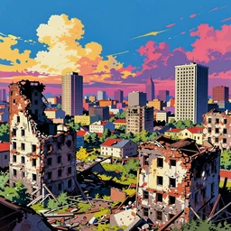 The Stalingrad ruins | Colorfull pop art | art by Hirohiko Araki | Hirohiko Araki | Anime wallpaper | funky | colorful | cityscape | destroyed buildings | Stalingrad ruins | digital art