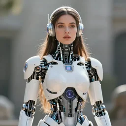 beautiful Fine art photo of enraptured young Demi Moore as a solarpunk robotic goddess, white mechanical parts with led lights, photorealistic, centered, highly detailed and intricate, sun lighting, 8k