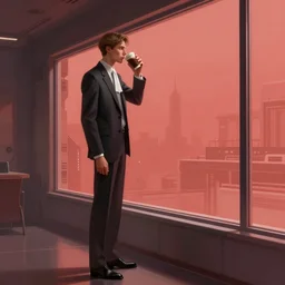 concept art by greg rutkowski, very tall and thin young man, dressed in a lawyer's suit, standing drinking a coffee looking out a window in a minimalist, hi - tech, brutalist office, reddish exterior lighting, scifi, highly detailed portrait, digital painting, artstation, concept art, smooth, sharp foccus ilustration, artstation hq