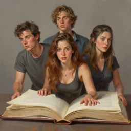 a realistic painting of three male and one female characters emerging from inside a book, trending on artstation, detailed digital art