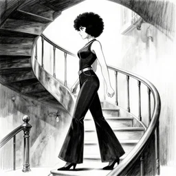 scarlett johansson afro samurai anime style, wearing 1 9 7 0 s bellbottoms clothing, black and white, full body profile, walking up infinite spiral staircase, dramatic lighting, pencil and ink