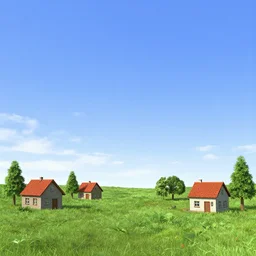 windows xp backround with few houses and trees, award winning, trending on artstation, unreal engine