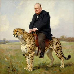 Classical oil painting of Winston Churchill riding a cheetah, artwork