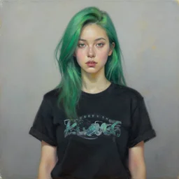 woman with green dyed hair wearing a black t - shirt with a cool design, oil on canvas
