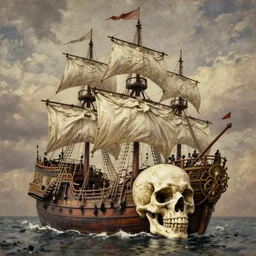 an impossibly huge pirate ship that's also a skull. 1910s photograph