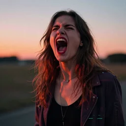 glitch art. crepuscular, woman yelling
