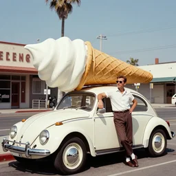 man standing next to vw beetle car with huge ice cream cone sculpture lying horizontally on top, vintage color photo, retro, 1 9 6 0's los angeles