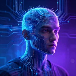 portrait of a circuit board human, cyberspace, blue and purple, light beams, hacker, digital art by krenz cushart