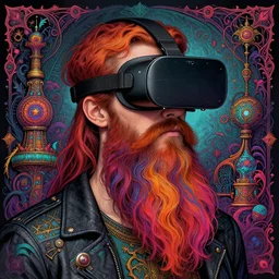 detailed hipster skinny man wearing htc vive headset, long vibrant beard, dmt, by james gurney + intricate and vibrant work + portrait + trending on artstation + incredible gothic illustration + exquisite detail