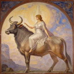 fantastic scene irrealism fresco : : dawn tones : : fantasy art scene : : timeless masterpiece : : learned philosophess she - minotaur, cow ears : : background greek spire