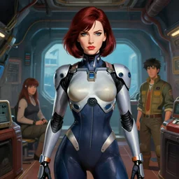 close portrait. ship interior bg. screenshot of a scene in metroid fusion. christina hendricks as zerosuit samus wearing a skintight cybernetic bodysuit. painted by norman rockwell. character designed by hideaki anno. dark crimson hair. digital. lighting by james gurney. trending on artstation. masterpiece. greg rutkowski, alphonso mucha, sakimichan.