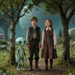 sharp, highly detailed, film from a 2 0 1 9 sci fi 8 k movie, set in 1 8 6 0, a boy and a girl standing with a cute humanoid alien next to a small tree, in a park, on an alien planet, wearing 1 8 6 0 s clothes, atmospheric lighting, in focus, reflective eyes, 3 5 mm macro lens, live action, nice composition