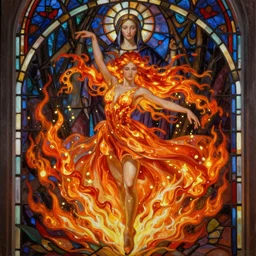 ultra realist breathtaking detailed soft painting of a beautiful dancer girl, long fire hair and flying dress of fireflies, symmetrical facial features, christian saint, in the middle of a stained glass of flames, art nouveau frame, by wlop, Rebecca Guay, trending on artstation