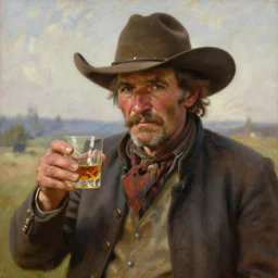 oil painting of old rugged cowboy with whiskey glass, art by anders zorn, wonderful masterpiece by greg rutkowski, beautiful cinematic light, american romanticism by greg manchess, jessica rossier