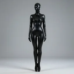hooded flat slim thin petite female plague doctor, in extra tight shiny black latex suit, long sleeves, turtleneck, trending on artstation, latex plague crow mask, ballet boots, establishing shot