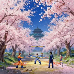 cherry blossoms in japan at night, background art for a neo geo snk fighting stage. a gorgeous landscape painting. ultra clear detailed. highly detailed