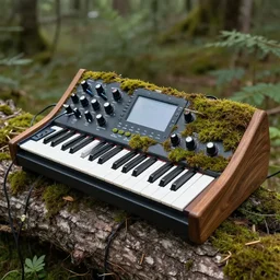a nature photograph of a moog synthesizer made out of bark, wood and moss, knobs, cables, keys and screen,