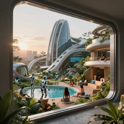 a cinematic composition depicting : we're overlooking out of a window how high tech lush solarpunk tribe collaborating with their technologic android helpers are encroaching a cyberpunk resort sauna at sunrise, square lines, ghost in the shell, building architecture by santiago calatrava