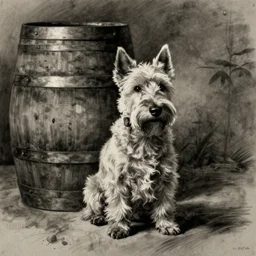 charcoal sketch of a westie sitting next to a wine barrel