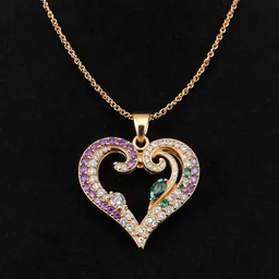 gold and diamond curly heart shaped necklace hanger with fine purple and green stones, very realistic, ultra detailed, centered, photograph, elegant, on black background