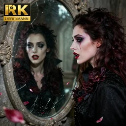 hyperrealistic portrait of a woman as amber heard as a vampire witch tears makeup dramatic in a black flower coat reflection in a stone mirror portrait cracks with falling petals. by jeremy mann and alphonse mucha, fantasy art, photo realistic, dynamic lighting, artstation, poster, volumetric lighting, very detailed faces, 4 k, award winning