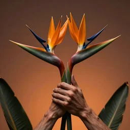 hyperrealistic veiny human hands holding Birds of Paradise flowers dali robert steven connett dramatic orange light 8k low angle shallow depth of field