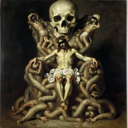 underground jesus christ wearing blindfold!!!!! sitting on a huge!!!! throne of entwined bodies,'massive skull looming '!!!! elegant, ominous, highly detailed painting by goya!!! phil hale!! gaston bussiere, craig mullins, j. c. leyendecker, 8 k, mid shot