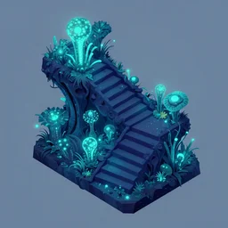 cool isometric stair case with an organic isometric design that is based on bioluminescent alien - like plants that glow in the dark. all in isometric perspective and semi - realistic style.