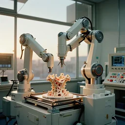 a complex bifurcated anthropomorphic robotic cnc surgical arm hybrid mri 3 d printer machine making organic ceramic fractal forms in the glass room laboratory with control panels, golden hour, film still from the movie directed by denis villeneuve with art direction by wayne barlowe and salvador dali, wide lens, f 3 2, golden hour lighting,