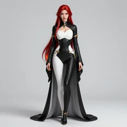 Full body Portrait of a female elementalist, black-white skintight robes!, leggins, golden accessories, garments, fiery red hair, long straight hair, sculptured face, blue eyes, red lipstick, floating, fire/ice juxtaposition!, dual magics, extremely detailed, by frank franzzeta, WLOP, Genzoman and gary gygax, trending on artstation, artstationHD, artstationHQ, deviantart, 16K, HD, matte painting, vibrant colors