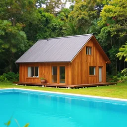 a house next to a pool in the forest vivd colors vibrant saturated cinematic