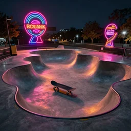 surreal cool skatepark concept neon lights greg rutkowski detailed hd