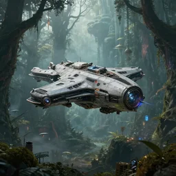 concept art of a mercury biopunk spaceship landing in an enchanted forest, beautiful fantasy landscape, sharp focus, hyper detailed, hyperrealism, volumetric, amazing depth, by federico pelat and hr giger, darksynth, unreal engine highly rendered, ominous, misty, volumetric lighting, 8 k