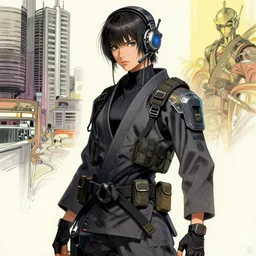 jujitsu niki. beautiful cyberpunk assassin wearing a cyberpunk headset and tactical gear. in style of moebius and laurie greasley.