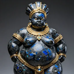 intricate holographic sculpture of futuristic chubby angry african empress, stone and glass and gold, high contrast, blue and black, masterpiece