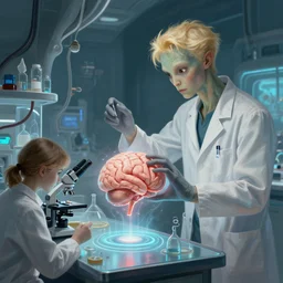 tall blond nordic extraterrestrial scientists researching the human brain in their lab, digital painting