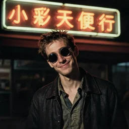 orientalist painting portrait of a slender man with short hair and rounded sunglasses, smiles in despair, atmospheric and obscure, standing under the cereal convention neon sign, by roger deakins, cinematography, syd mead, realistic, 5 0 mm