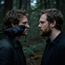 mixture between an crow and!! man, photograph captured in a dark forest