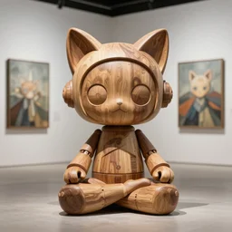 8k octane render ultra photorealistic detailed a wooden sculpture ,art toys on feet ,very cute robot mythic with cat ears zen meditation synth punk a on contemporary art gallery and néo Paris by Artgerm