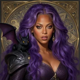 a mind - blowing portrait of beyonce as a wizard, purple hair, bat familiar on her sholder, deep focus, d & d, fantasy, intricate, elegant, highly detailed, digital painting, artstation, concept art, matte, sharp, illustration, hearthstone, art by artgerm and greg rutkowski and alphonse mucha