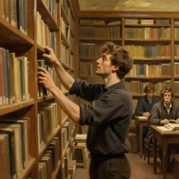 attractive librarian man pulling a book from a shelf, dusty library, golden hour painting by tom of finland, gaston bussiere, craig mullins, j. c. leyendecker, greg rutkowski, alphonse mucha
