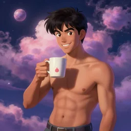 portrait of a ( ( ( una taza de cafe grande y red ) ) ), ( ( futuro hermoso joven arrecho latino macho alegre sin camisa ) ), lleno de nubes y magia, concept character, by greg rutowski and tezuka and oi and mucha and bierstadt and remington, trending on artstation