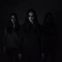 very scary barely visible creatures that resemble humans standing in the dark staring into the camera as they're looking deep into your soul