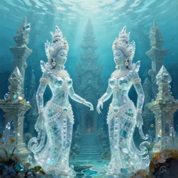 twin balinese goddesses, crystal clear lemuria sunken architectural marvels, crisp realistic fantasy art painting