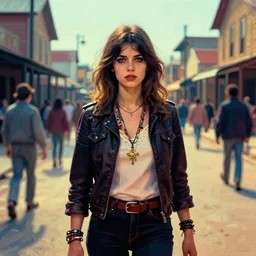 a young woman who may be a ghost, wearing punk clothing, standing on a busy street in a country town in the 1 9 7 0 s, seventies, volumetric lighting, painterly, offset printing technique, by alexandre cabanel