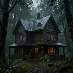 horror, house, forest, rain, dark, octane render, artstation, unreal engine 5 highly detailed, epic composition,